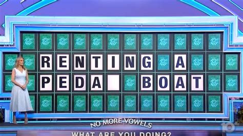 Renting a pedal boat wheel of fortune - Just the month prior, Wheel made headlines for a variety of mishaps, including an episode in which three players couldn’t solve “RENTING A PEDAL BOAT” with just a few letters missing. Another trio of contestants also failed to answer another seemingly easy phrase: “ANOTHER FEATHER IN YOUR CAP,” which forced Sajak to leap to their …